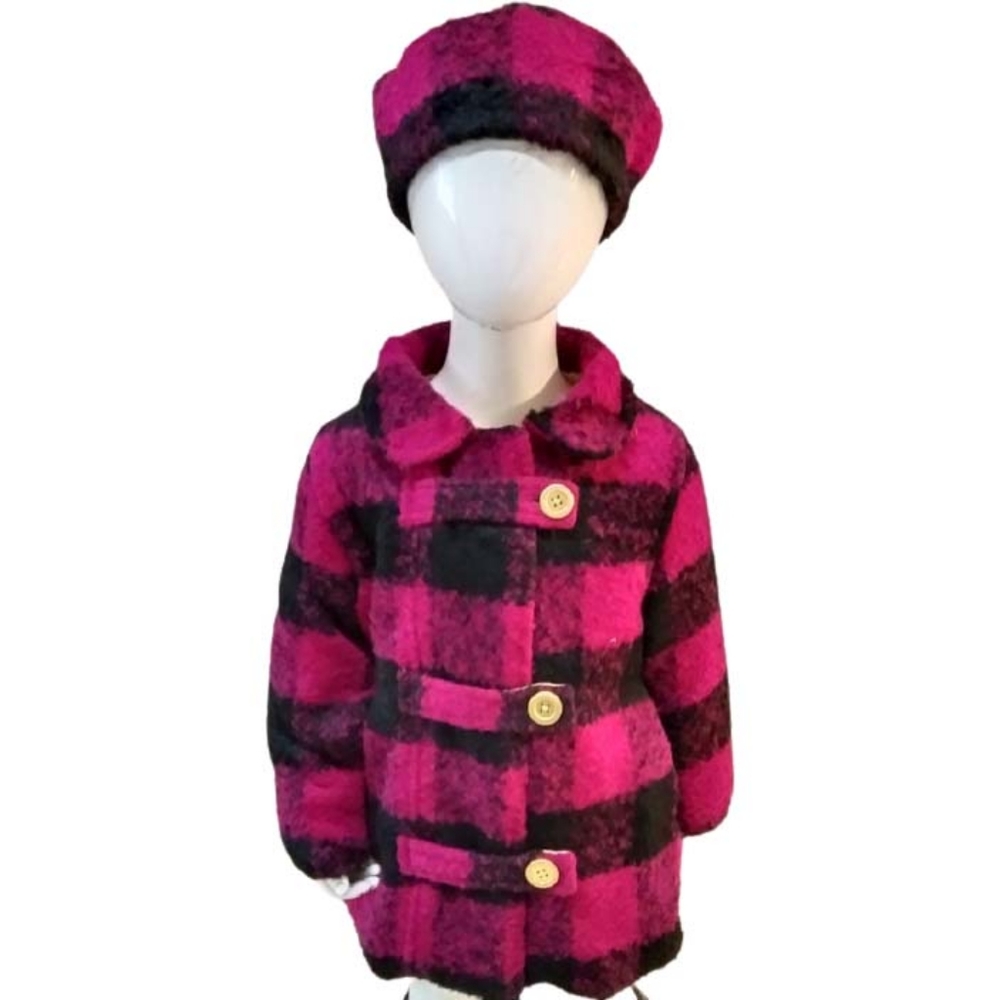 Penelope Mack Size 2T Toddler Dress Winter Coat Hat Pink Black Check Plaid Lined